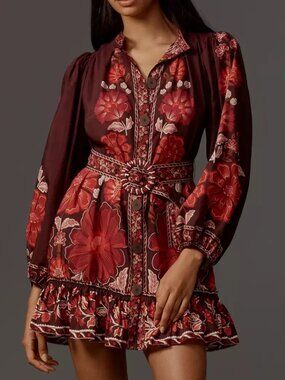 NWT FARM Rio Brown Floral Button Front Mini Dress M